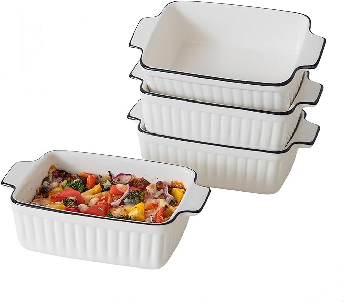 12 Oz Casserole Dish, Ceramic Baking Dishes Sets of 4, Small Casserole Dish with Handle, Porcelain Bakeware Sets, 5" Rectangular Baking Serving Dish for Casserole, Cakes, Dishwasher Oven Safe