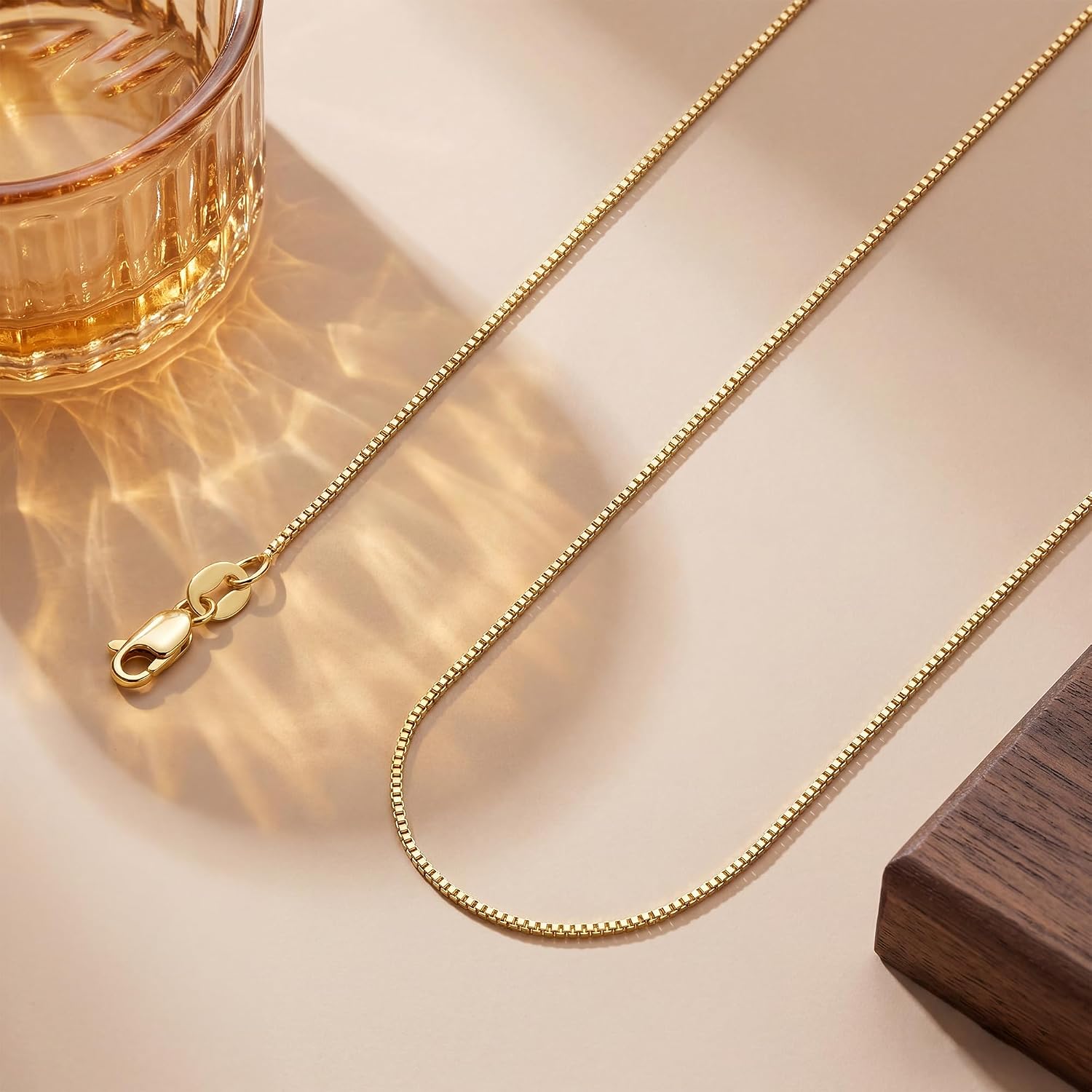 14K Gold Box Chain Necklace for Women 14K Gold Necklaces for Women Gold Chain for Womens Tiny Square Links for Smooth Row Box Chains for Men 14/16/18/20/22/24/26in