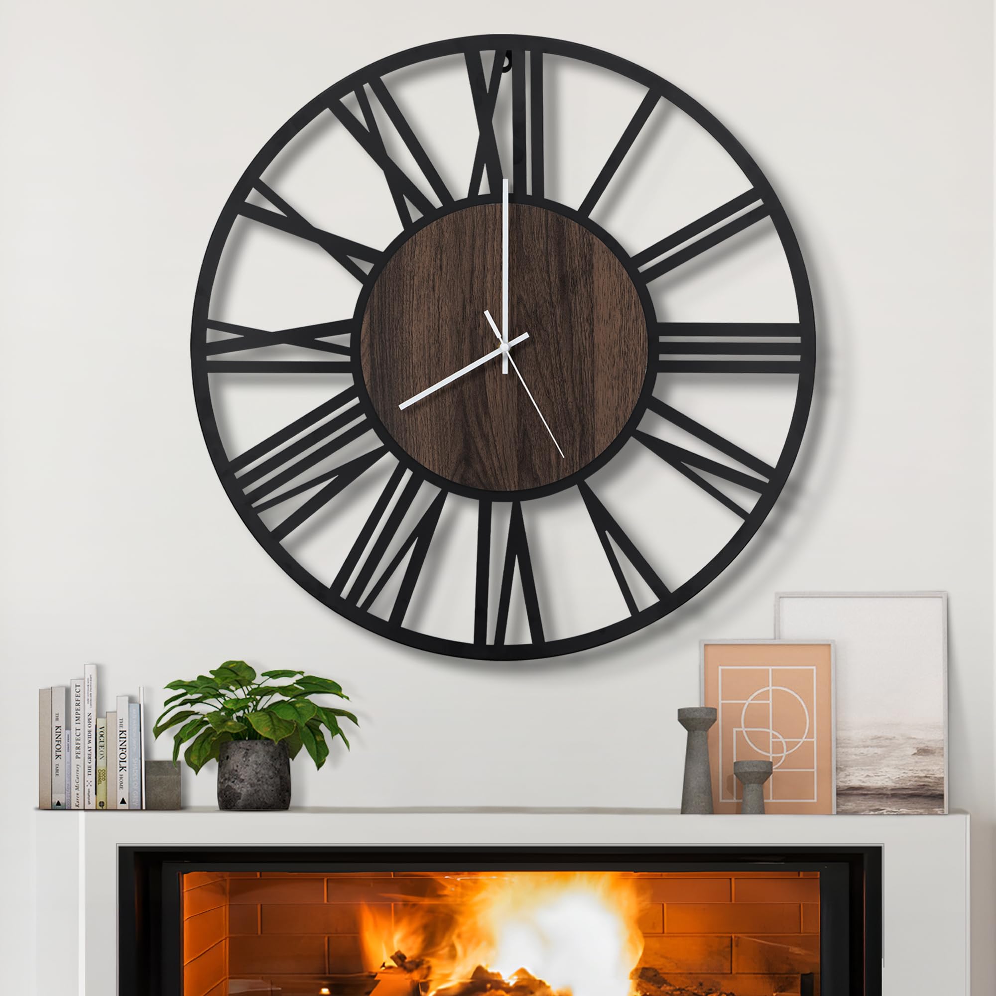 LEIKE Large Wall Clocks,Silent,Non Ticking,Battery Operated Big Retro Round Modern Wood Wall Clock for Living Room, Bedroom,Dinning Room,Farmhouse,Office,Home Decor-20 Inch(Black-Roman Numerals)