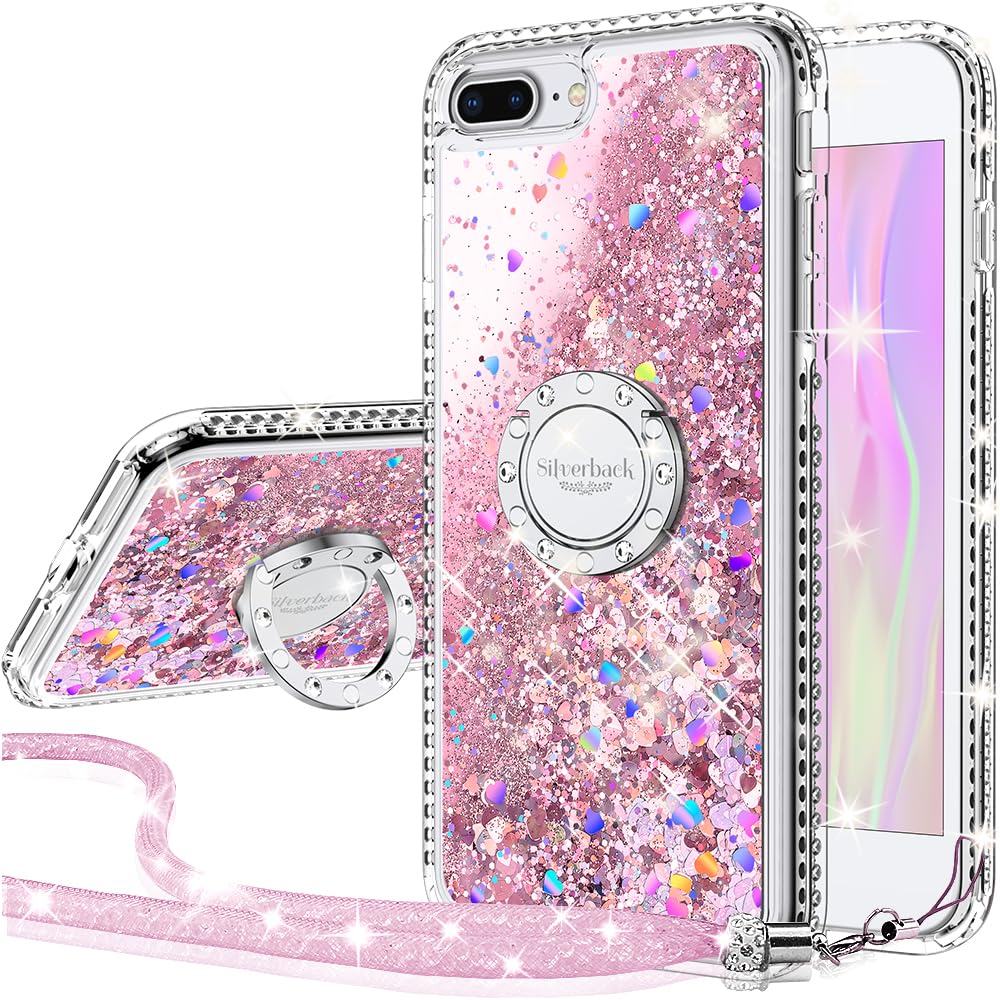 Silverback] for iPhone SE 3 2022 Case, SE 2020 Case, iPhone 8 Case, iPhone 7 Case,Liquid Holographic Glitter Case With Bling Ring Protective Case for Girls Women for iPhone SE3/SE2/8/7-Clear Pink