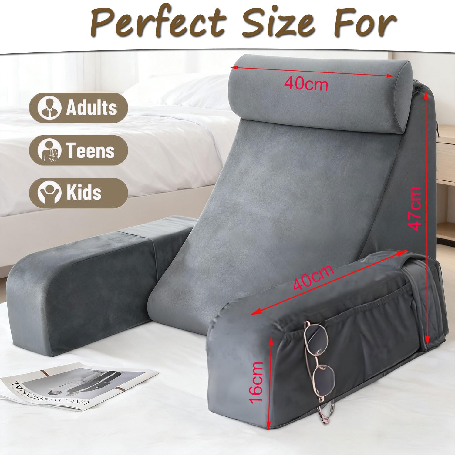 Almohada Lectura Cama, Cojín con Respaldo Apoyo Lumbar, con Soporte para Brazos y Bolsillos, Grande Cojín para la Espalda, Cojin Respaldo para Trabajar, Leer o Jugar en la Cama Sofá Suelo (GR)