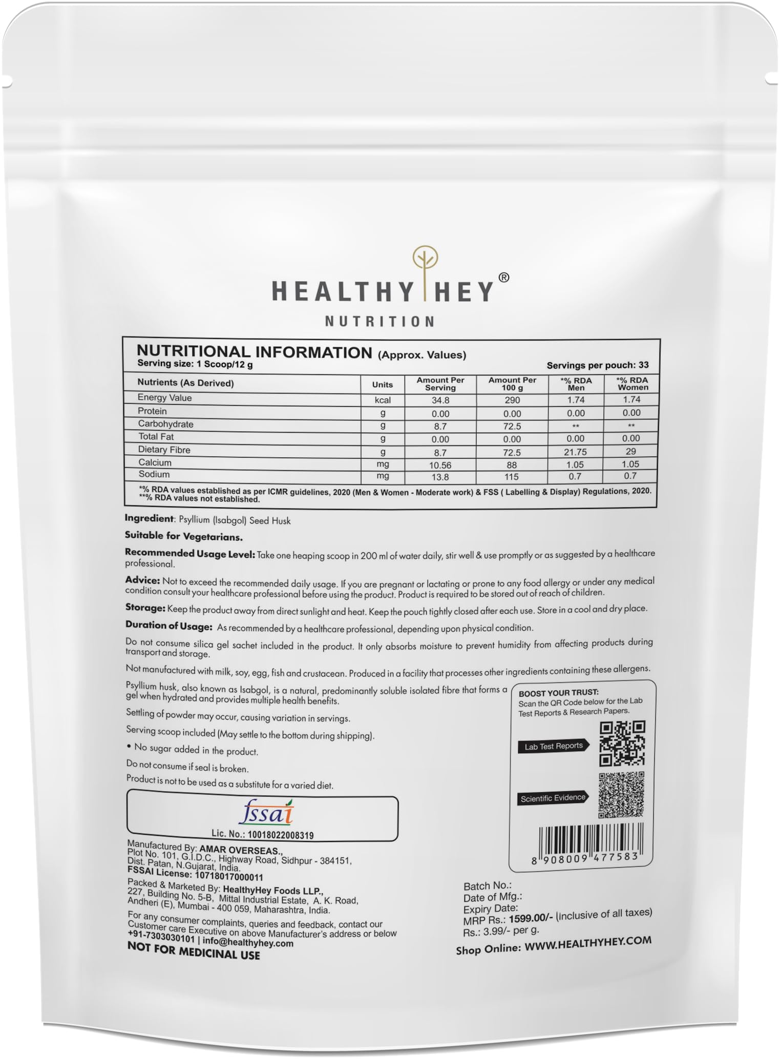 HealthyHey Nutrition Psyllium Husk 99% - Fibre Support - Pack of 400 gram Powder
