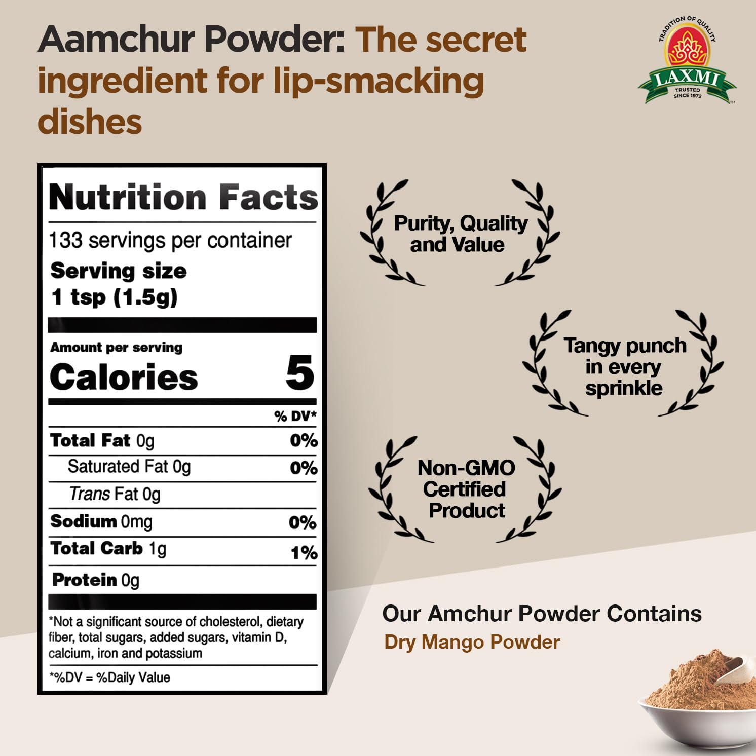 Laxmi Amchur Powder (Dried Mango Powder) - 200gms (7oz) | Dried and powdered green mango Amchoor Powder | Non GMO certified |Pure Powdered Green Mango