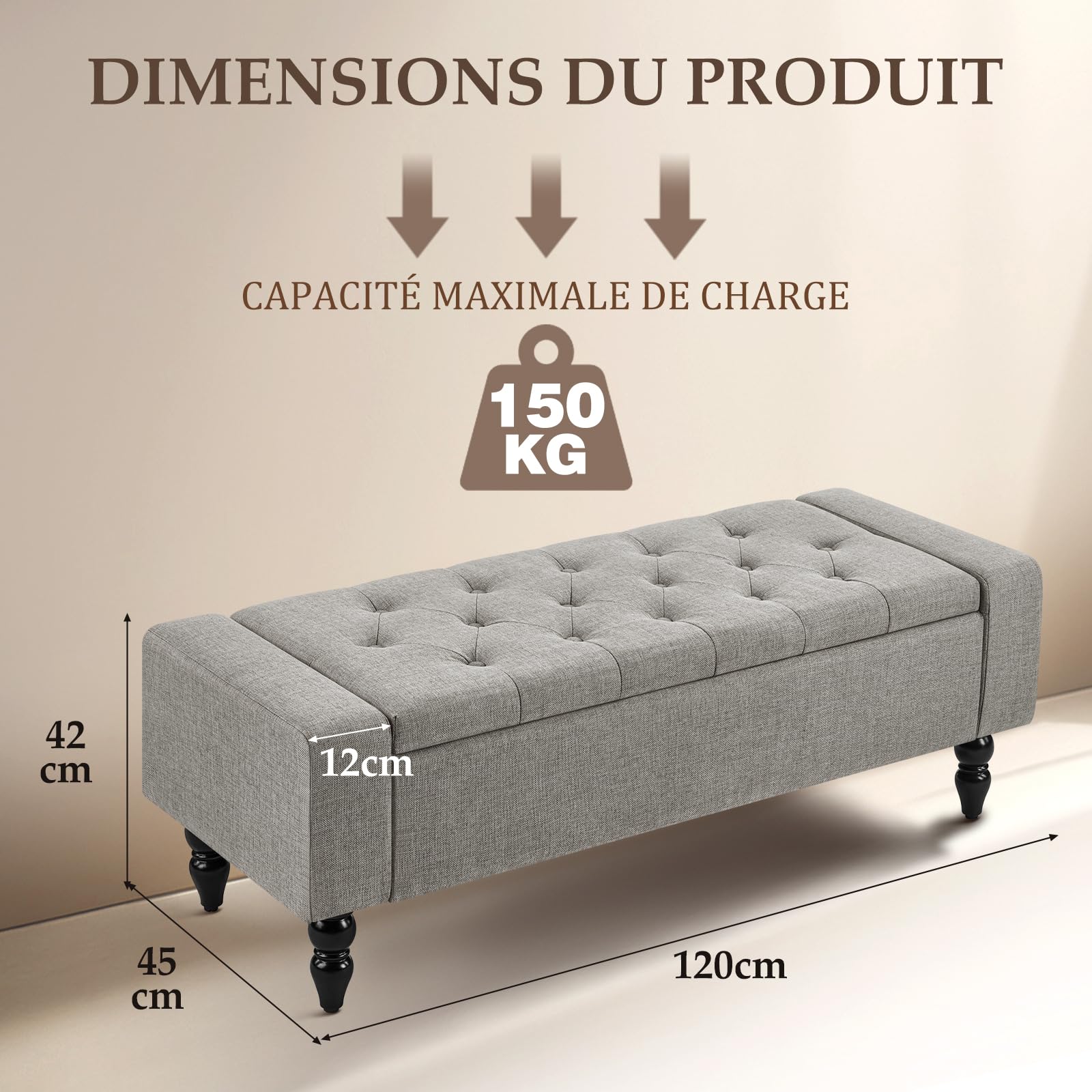 Hellove Ottoman de Rangement avec Coussin – Banc de Rangement pour Salon, Entrée, Chambre – Grand Espace de Stockage, Banc Coffre Assise Confortable, Mousse Épaisse & Structure Robuste, Gris