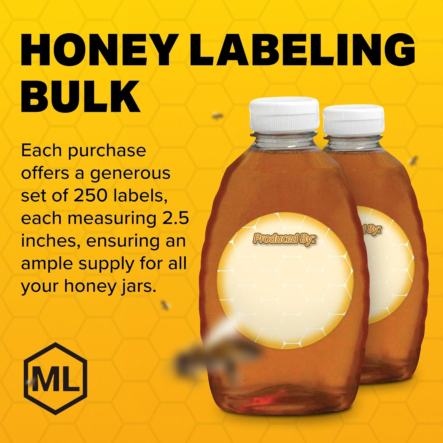 Mann Lake Customizable "Produced by" Honey Labels, Self-Adhesive, Easy-to-Apply, Boost Honey Sales, Multi-Surface Applicable, Roll of 250 (2.5 inches)