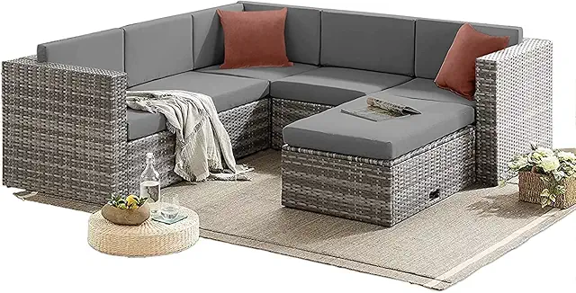 EVRE Monaco 6-Piece Grey Wicker Garden Furniture Set with Table