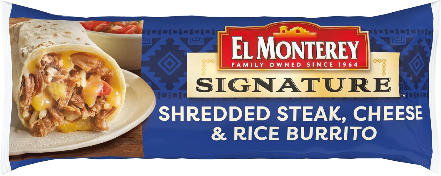 El Monterey Signature Shredded Steak & 3 Cheese Burrito, Frozen 5oz - Tender Beef, Melty Cheeses, Spicy Peppers