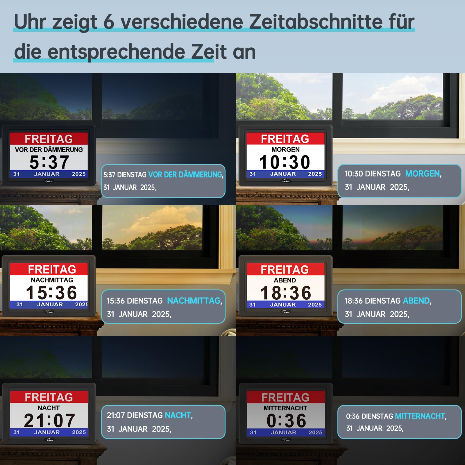 WallarGe Digitaler Demenz Uhr Großes Display für Senioren, Plug in elektrische Datum Tag der Woche Kalender Uhr 20 Erinnerungen 3 Klingeltöne 10 Stufen Lautstärke, Auto DST (7 Zoll,Schwarz)