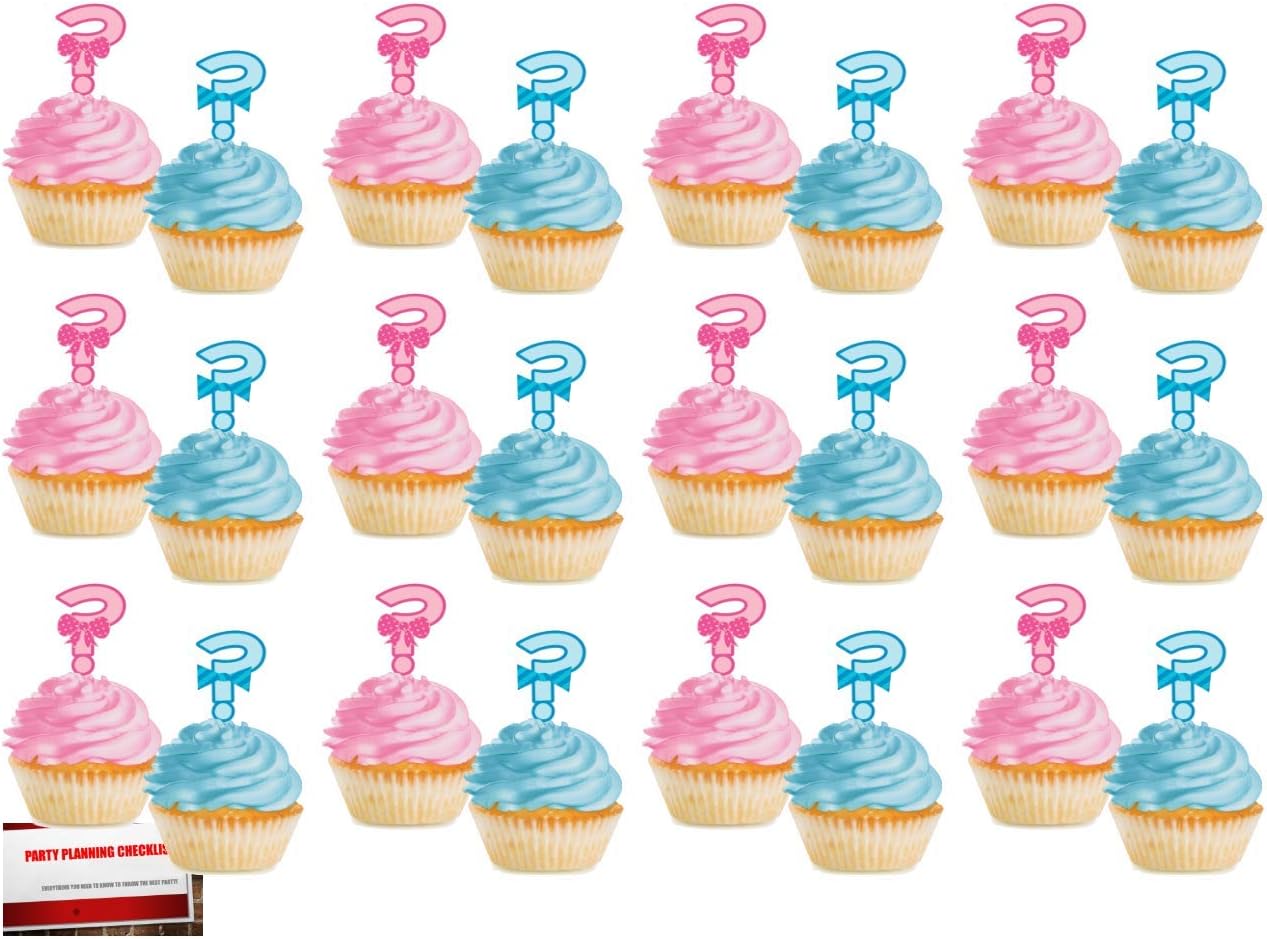 Gender Reveal Girl or Boy Bow or Bow Tie Cupcake Toppers Cake Picks (24 Pack) (Plus Party Planning Checklist by Mikes Super Store)