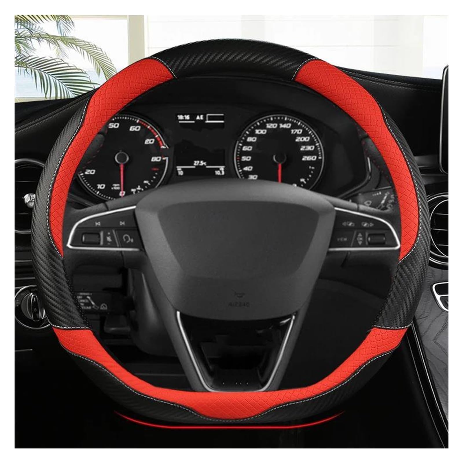 Volantes Fibra Carbono + Protector Cuero para Volante Coche Antideslizante 38cm para Seat para MII para Leon para Arosa para Exeo ST para FR Funda Volante(Red D)