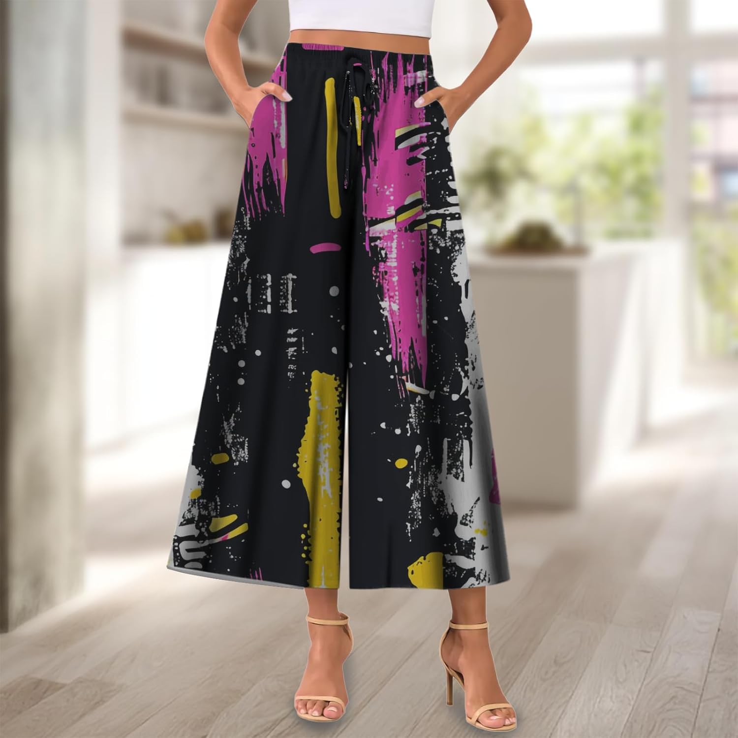 Womens Palazzo Pants Boho Wide Leg Flowy Lounge Trousers Casual High Waist Yoga Pants with Pockets - Image 2