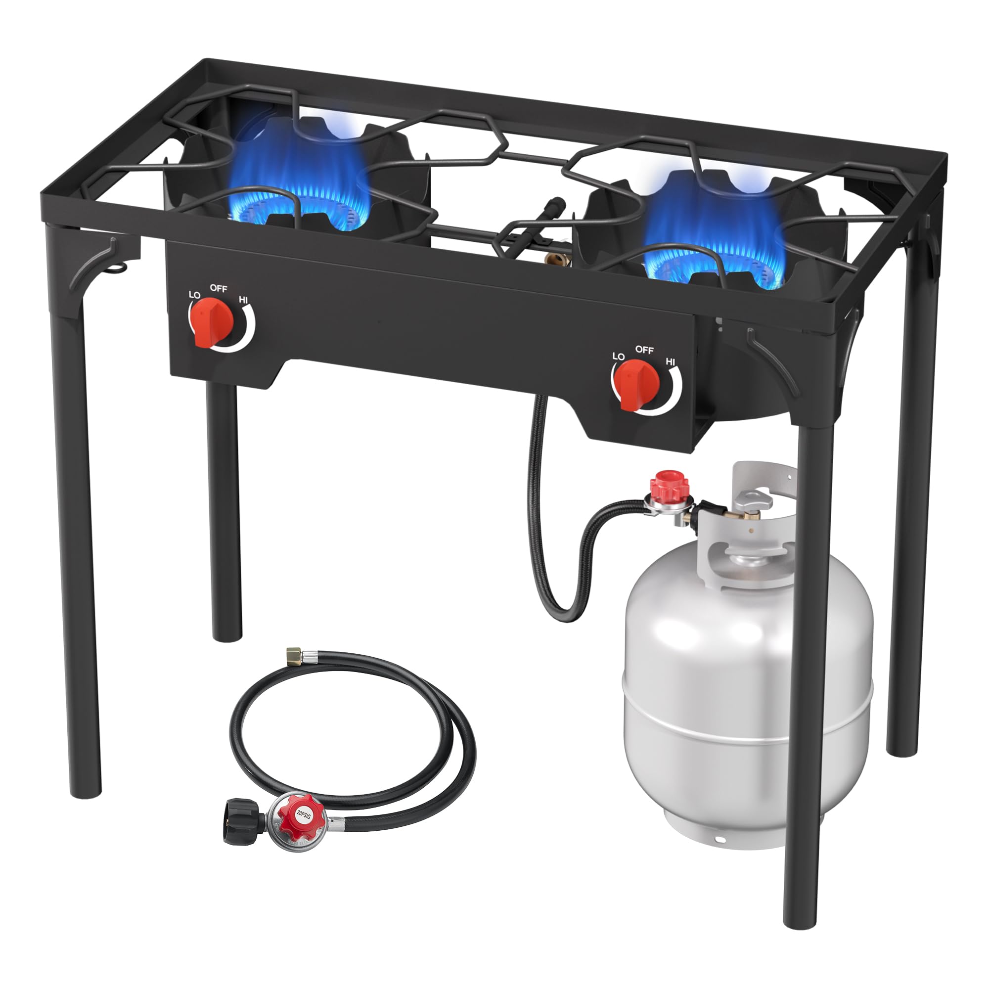 ADREAK 2 Burner Gas Stove, High Pressure Outdoor Propane Burner with Detachable Legs, 150,000 BTU Camping Stove Outdoor Burner with 0-20 PSI Regulator for Camping, Backyard, Outdoor Cooking