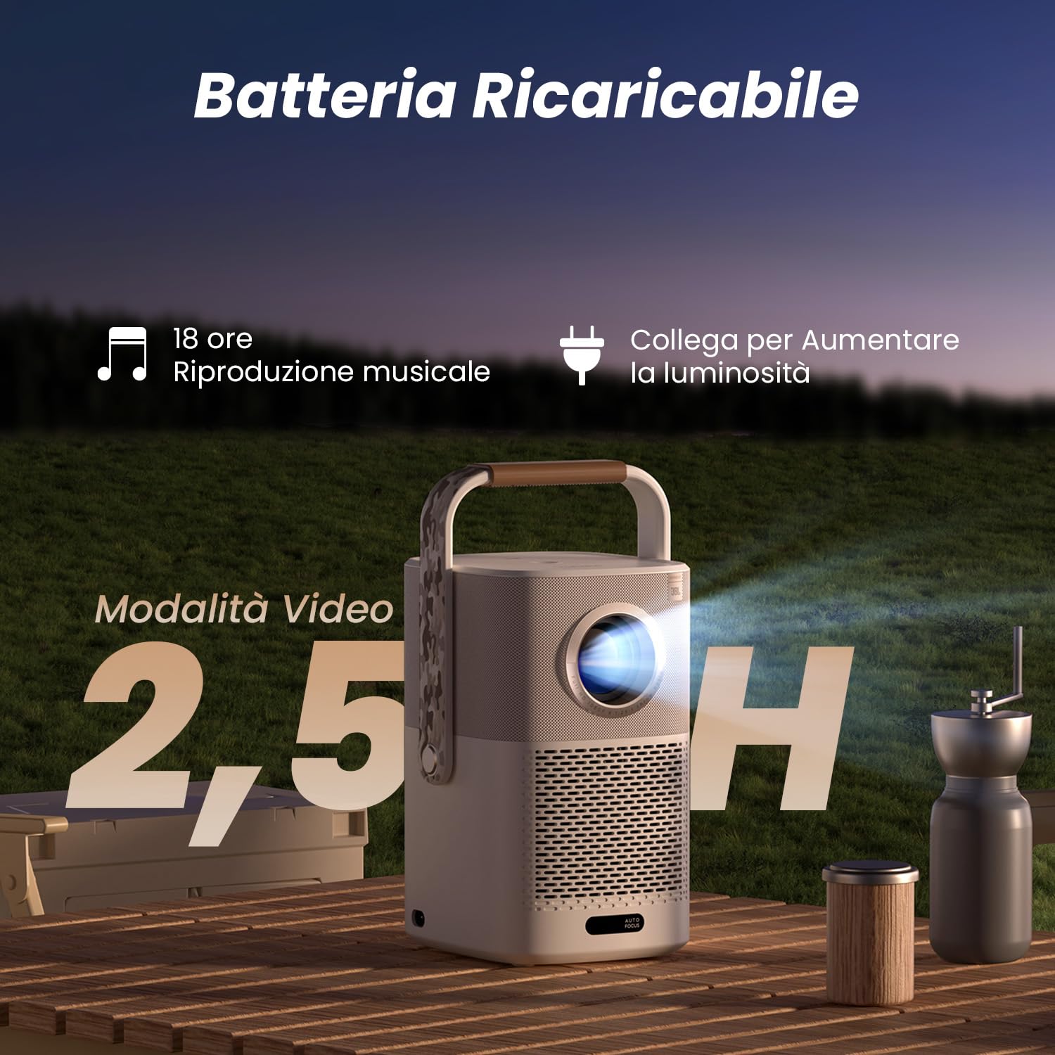 【Suono di JBL/Batteria Integrata】T2 Proiettore Dolby Audio, Proiettore da Esterno Native 1080P Full HD WiFi 6 Bluetooth, Proiettore Portatile Autofocus/Keystone, per TV Stick(manico mimetico)