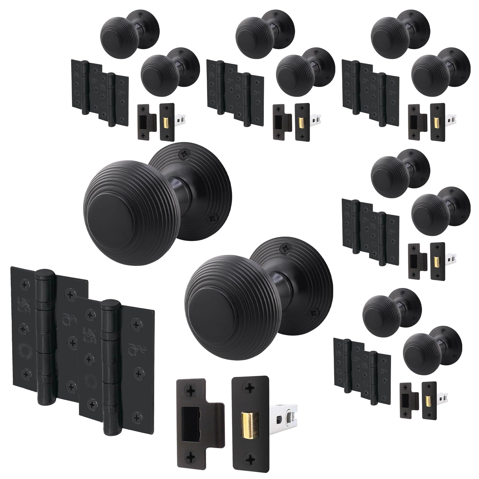 EAI Matt Black Door Knobs with Latch 76mm and Hinges, 6 Pack - Beehive