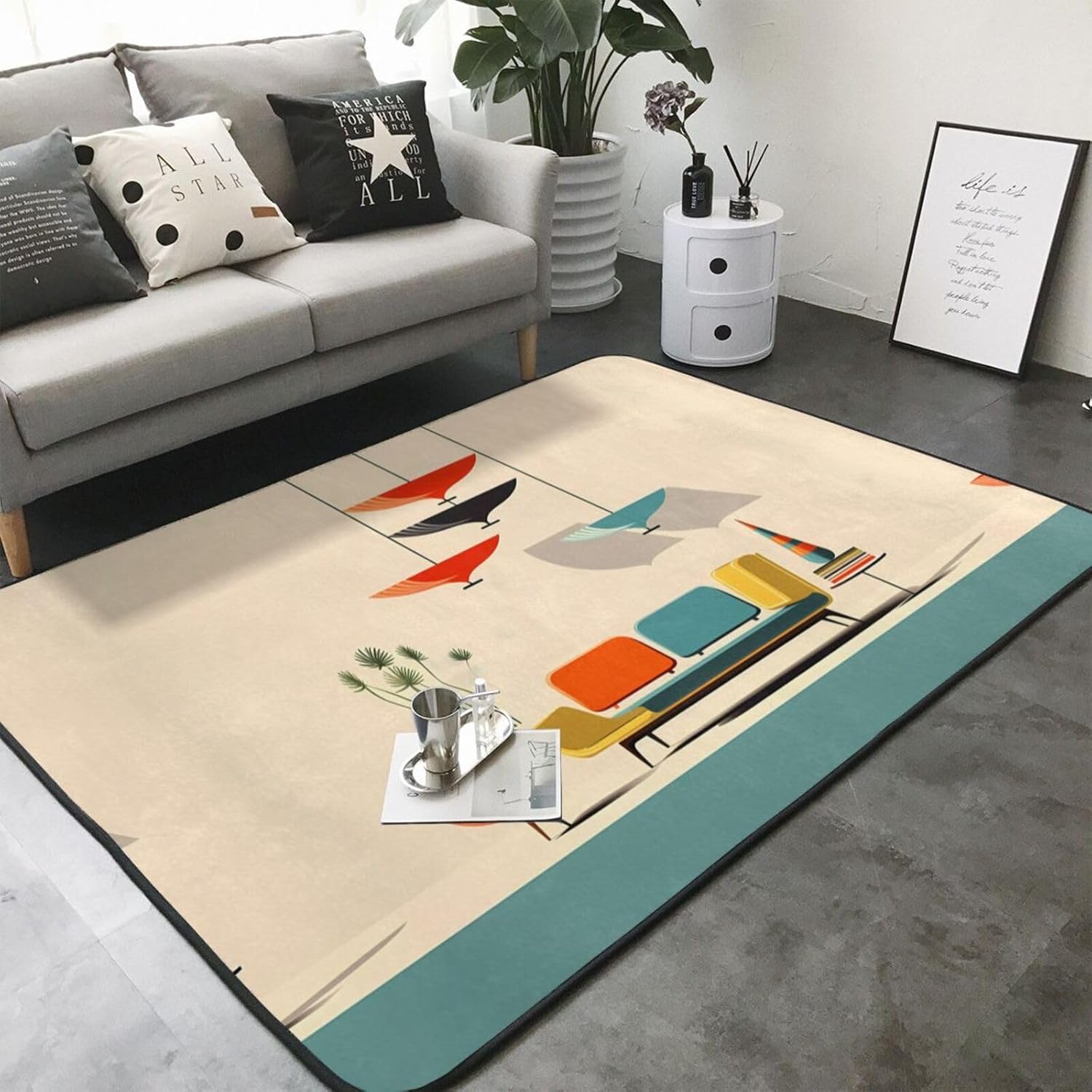 Flannel Non-Slip (Mid Century Modern Prints) Rug Pad 80×50in Soft Washable Protective for Hardwood Floors Bedroom Bathroom Living Room