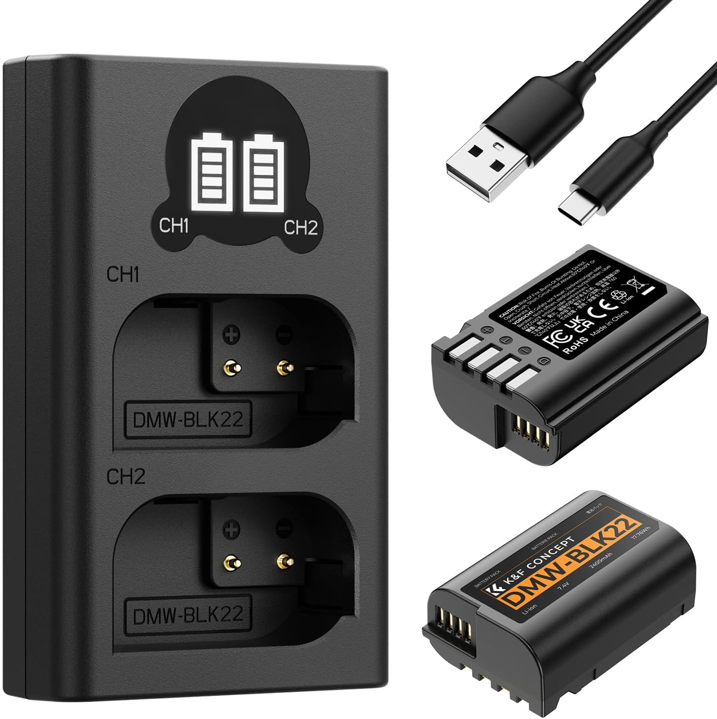 K&F CONCEPT 2 Pack 2400mAh DMW-BLK22 Battery and Dual Slot Charger Set with LCD Screen Compatible with Panasonic Lumix DC-S5 II DC-S5 IIX GH5 II GH6 S5II S5M2 GH5M2