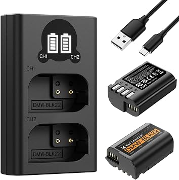 K&F Concept DMW-BLK22 Battery and Dual LCD Charger Compatible with Panasonic Lumix DC-S9 G9 S5 S5II S5IIX GH5II GH6 S5II S5M2 GH5M2 Cameras 2 * 2400mAh Batteries