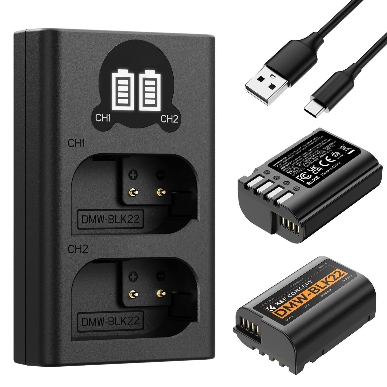 K&F CONCEPT DMW-BLK22 Batterie de Remplacement Panasonic 2-Pack avec Chargeur LCD Dual Slot pour Lumix DC-S5 S5II GH5 II GH6