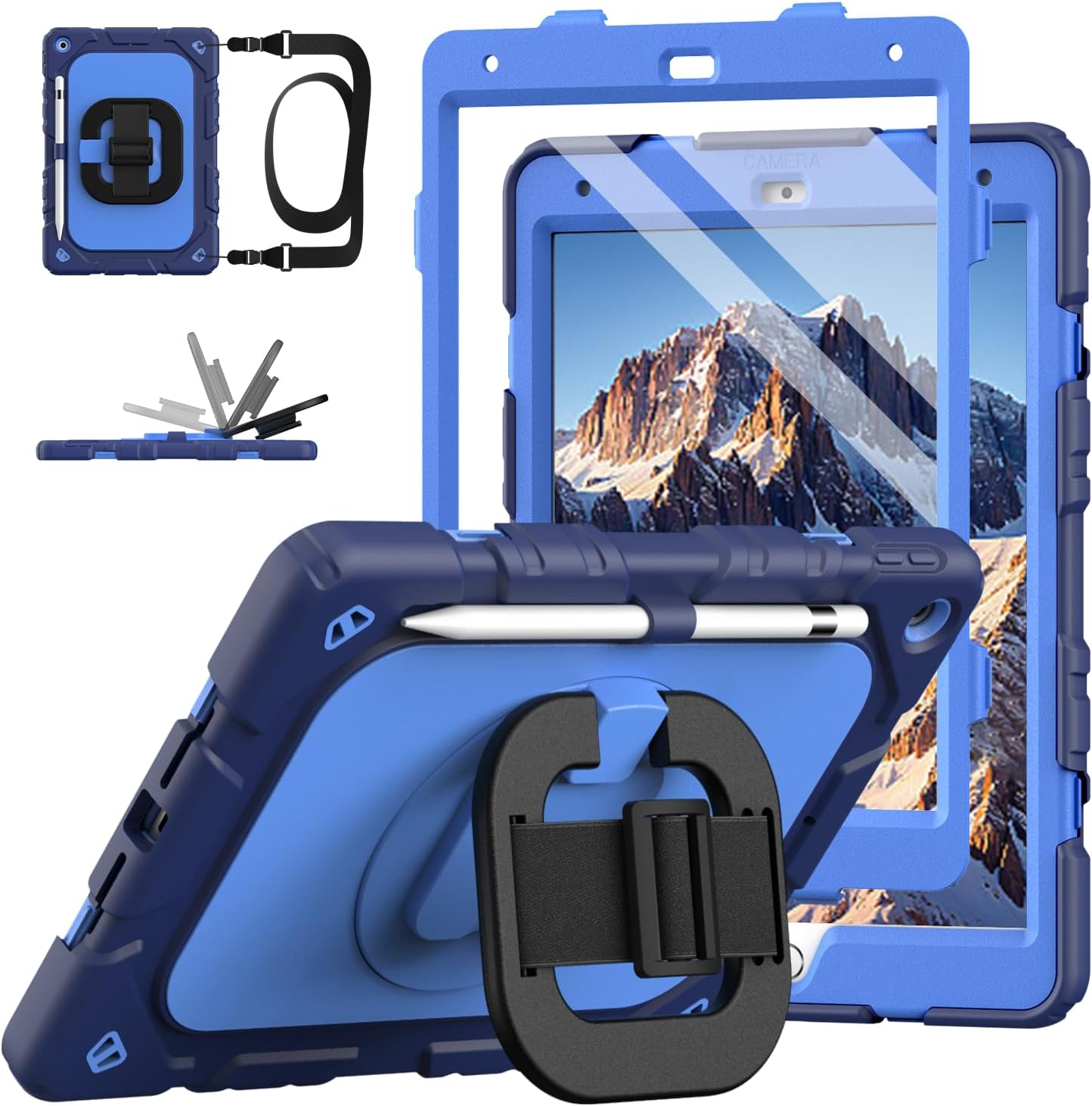 Grifobes for iPad 9th/8th/7th Generation Case, for iPad 10.2 Inch 2021/2020/2019 Case Cover with Screen Protector, 360°Rotate Stand, Hand & Shoulder Strap, Pencil Holder for Kids, Navy Blue