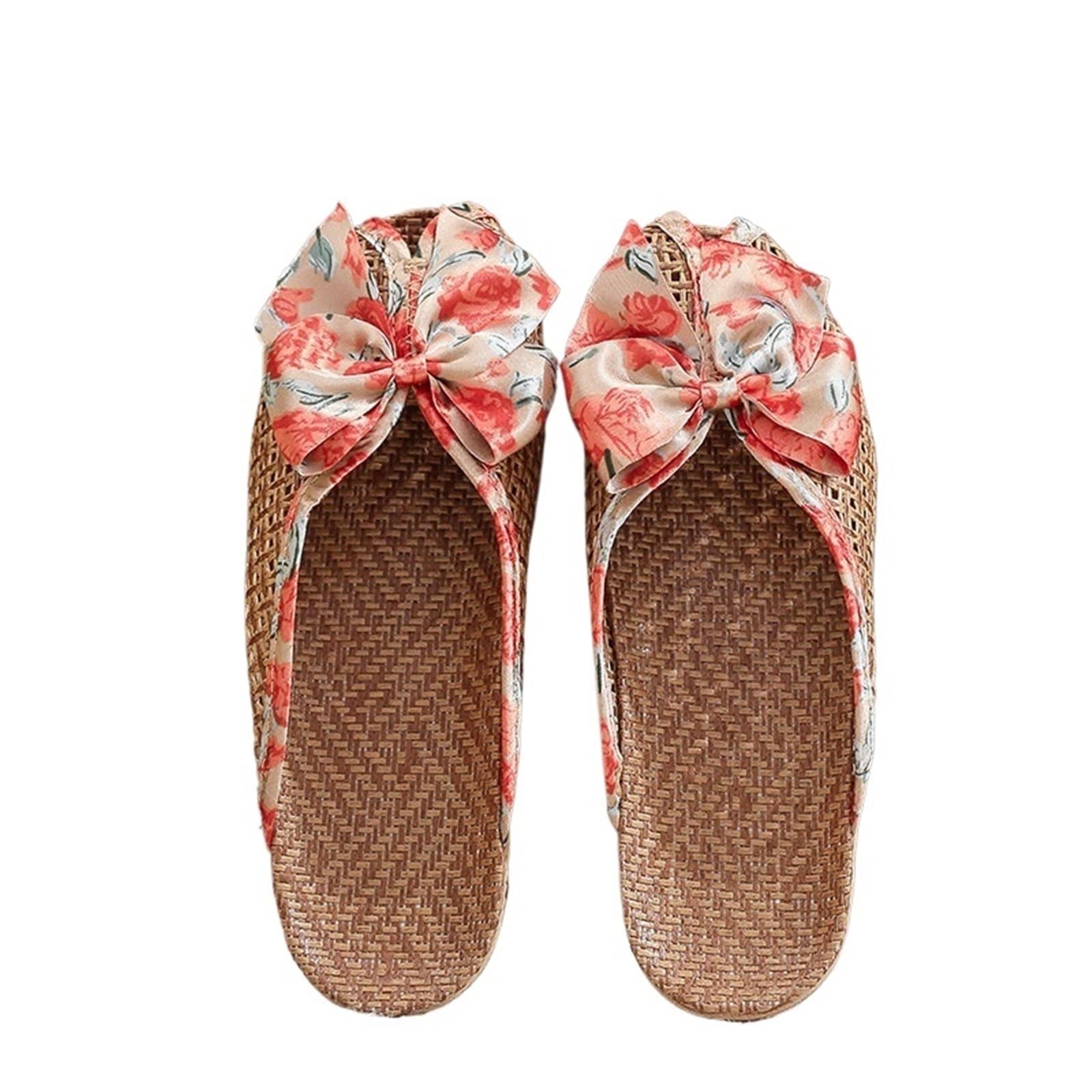 ERHTGUO Women's Breathable Linen Slippers Soft Sole Indoor For All Seasons Simple Versatile Home Wear Sandals(Bow Orange,35-36)