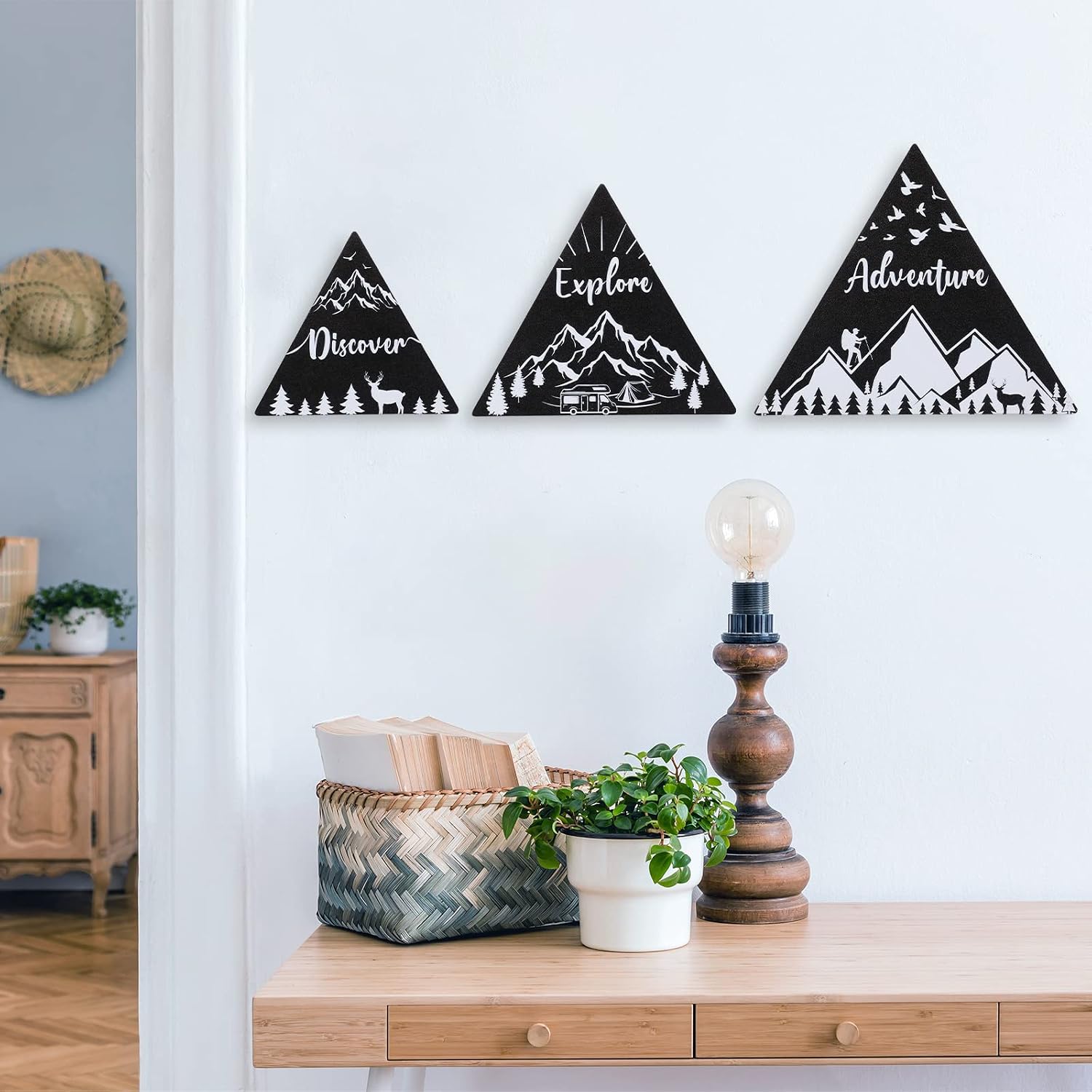 Jetec 3 Pcs 3 Size Wooden Mountain Sign for Cabin, Rustic Mountain Wall Decor, Adventure Camping Cabin Decor Sign for Living Room Bedroom Shelf Decoration(Black)