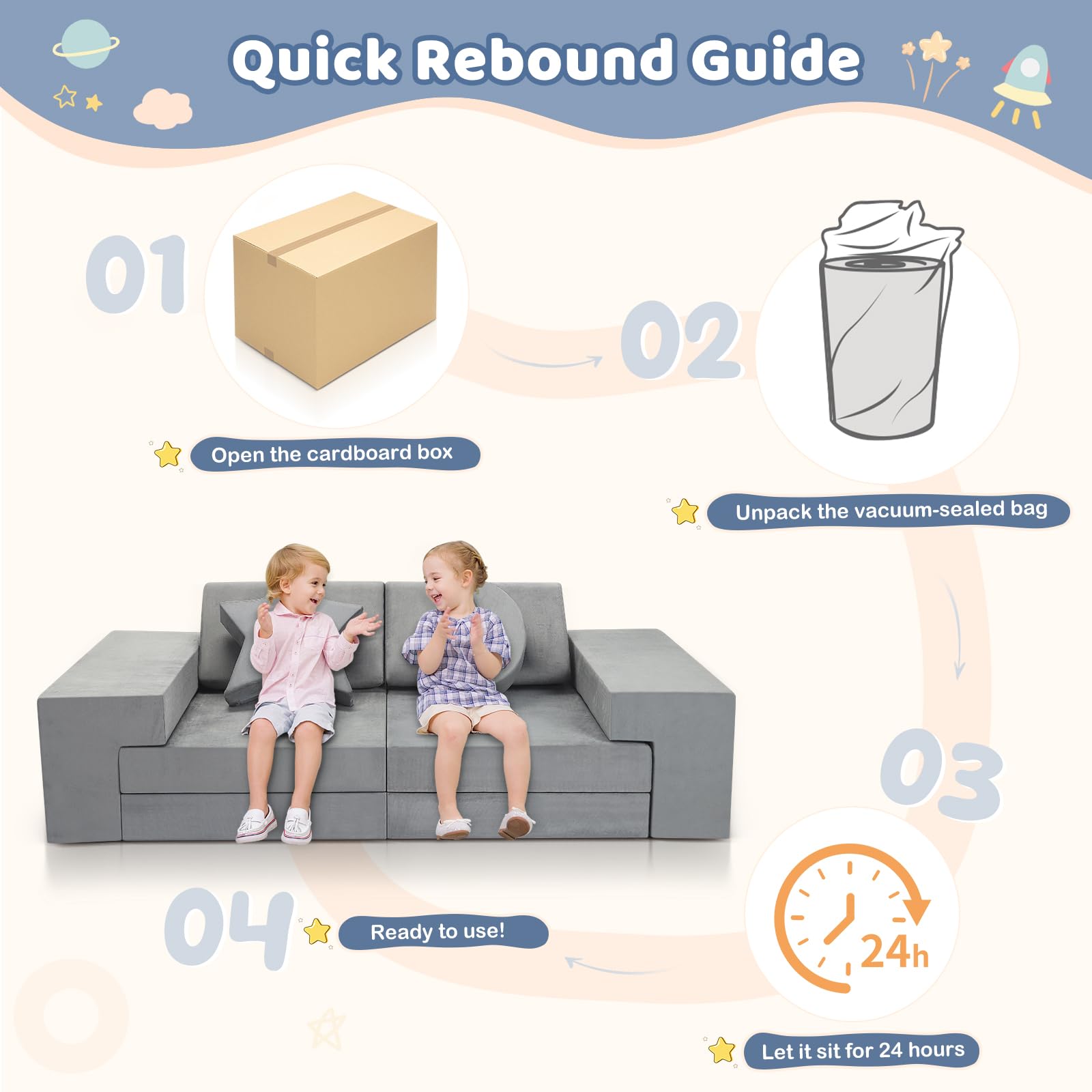 9-teiliges Modulares Spielsofa Grau, DIY Kindercouch mit Stern- und Mondkissen, Umwandelbar als Sofa & Spielburg, Weiches Schaumstoff-Sofa für Kinder