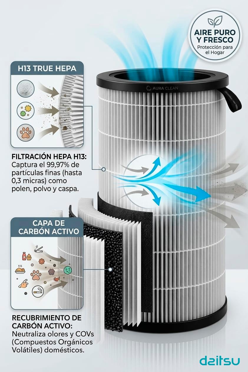 Filtro de Repuesto HEPA 13 para Purificador Daitsu Holly CADR‑350 | Recambio de Alta Eficiencia para Polvo, Alérgenos, Olores y Partículas Ultrafinas del Aire