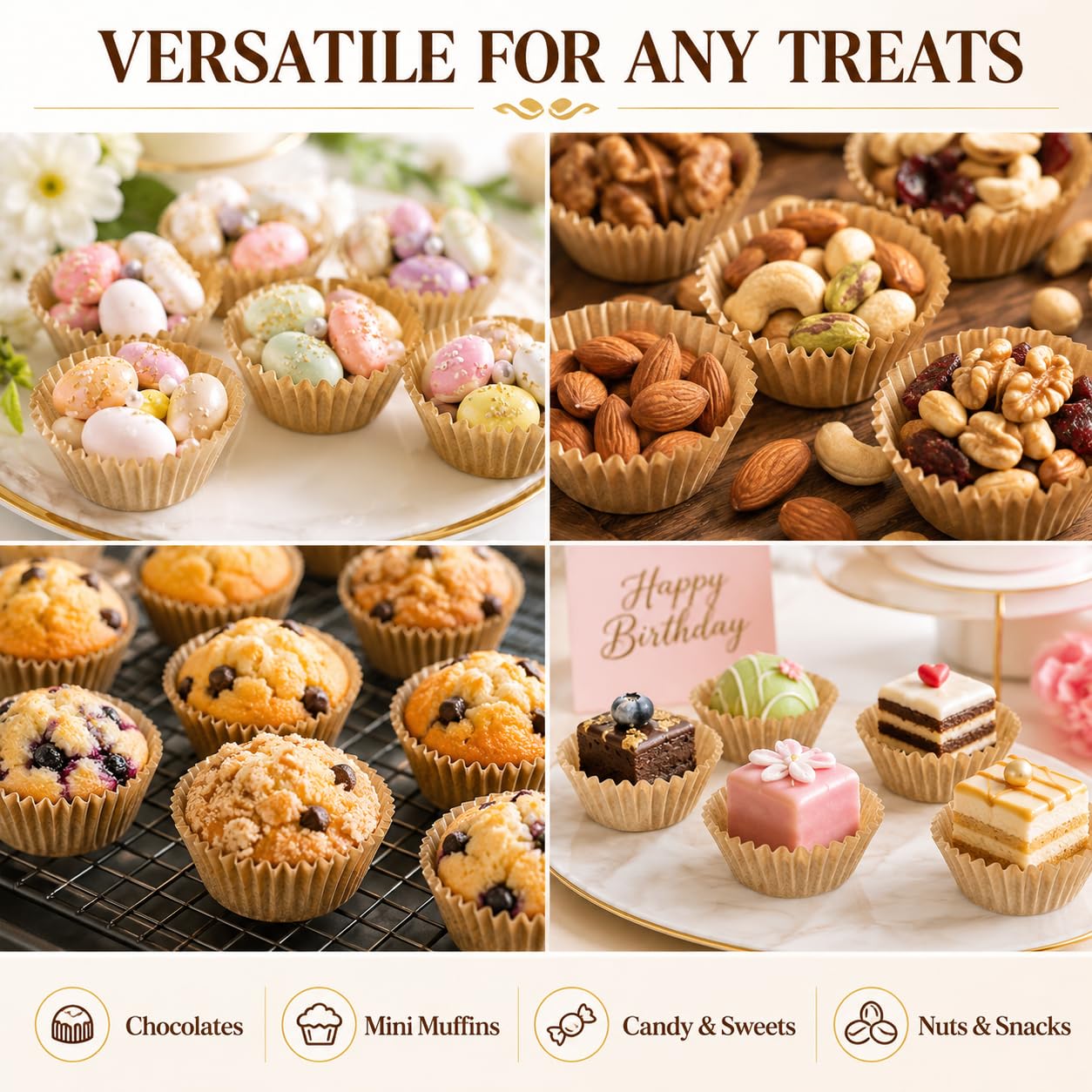 TOPBATHY Lot de 1 000 mini moules à muffins pour la cuisson chocolat, à la truffe, à la boulangerie, à la truffe, à la truffe, à la truffe, en papier, kaki, mini moules à gâteaux marron