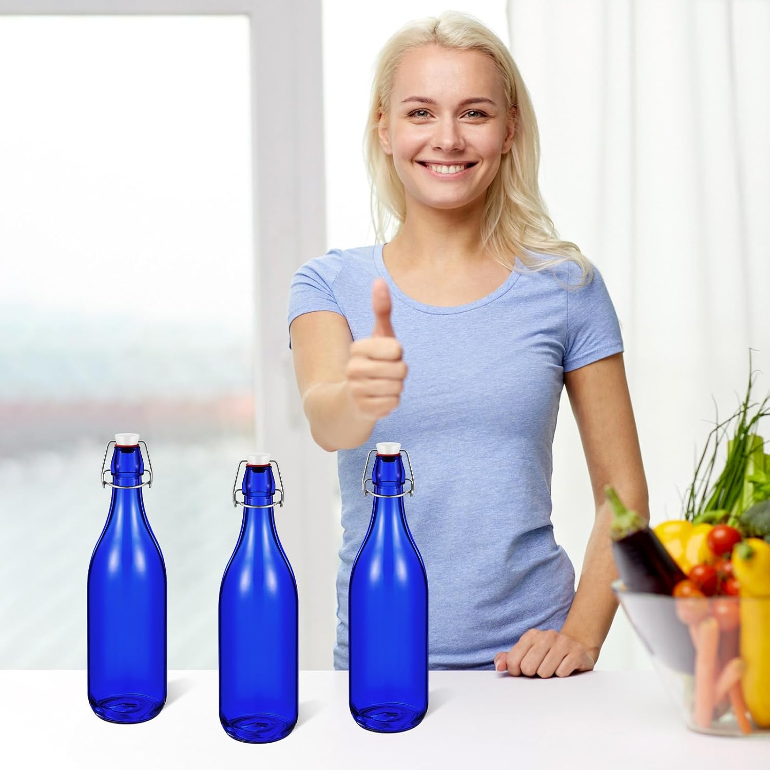 6 Pcs Cobalt Blue Glass Bottles 1 L/ 33.75 oz Decorative Wine Bottles Flip Top Glass Water Bottle with Airtight Lid for Home Decor Garden Tree Yard Outdoor Decorations