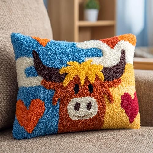 WallustrioaW Latch Hook Kit Cushion,Love and Highland Cattle