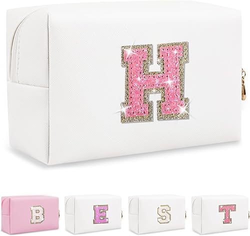 Miniatura 1 de Biileen Pequeña bolsa de maquillaje preppy con letra inicial personalizada, Letra blancarosa