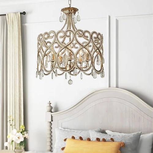 KSRYSZCQ 5-Light Crystal Chandelier Adjustable high French Dining Room Chandelier Antique Silver Round Bedroom Living Room Kitchen Dining Room Over Table Light Fixture