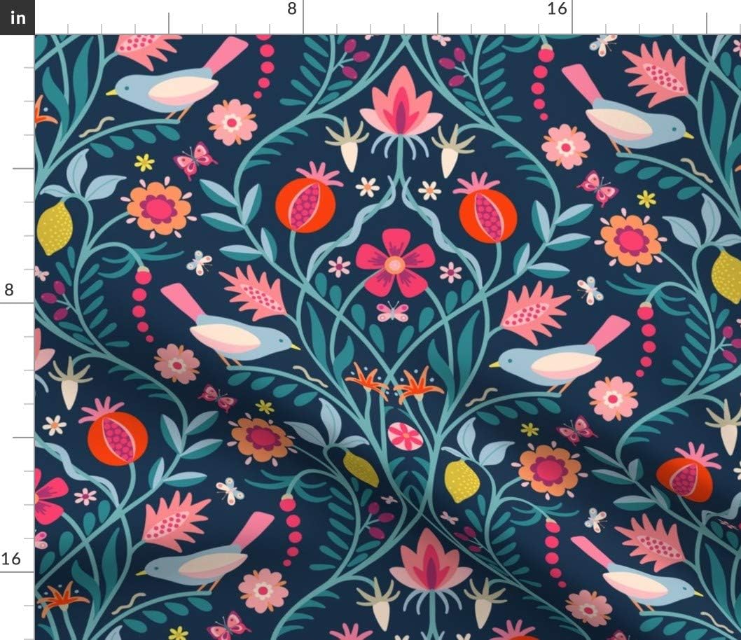 Spoonflower Fabric - Modern Damask Pink Blue Bird Butterflies Red Floral Fruit Folk Art Printed on Cotton Poplin Fabric by The Yard - Sewing Shirting Quilting Dresses Apparel Crafts