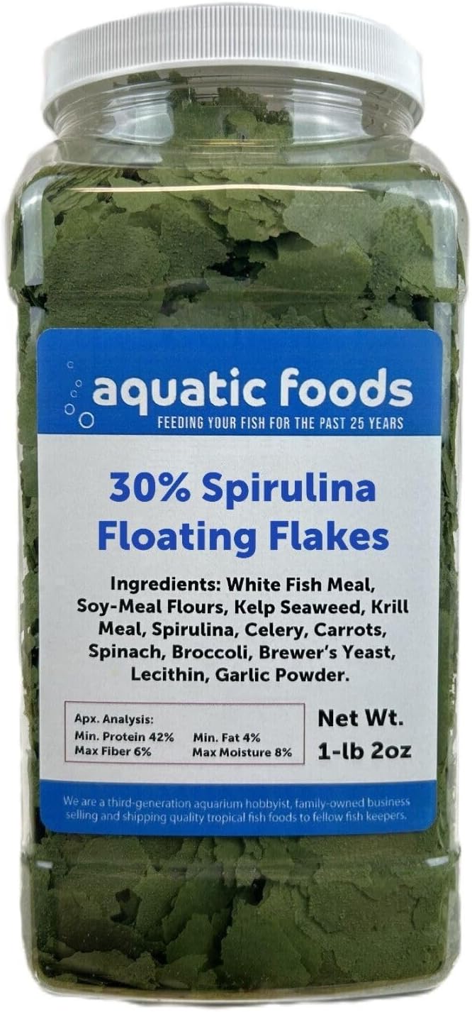 Aquatic Foods Inc. 30% Spirulina Premium Flakes for African Cichlids, All Central and South American Cichlids, Koi, Pond Fish, All Community Tropical Fish...WL 1-lb 2oz Lg Jar