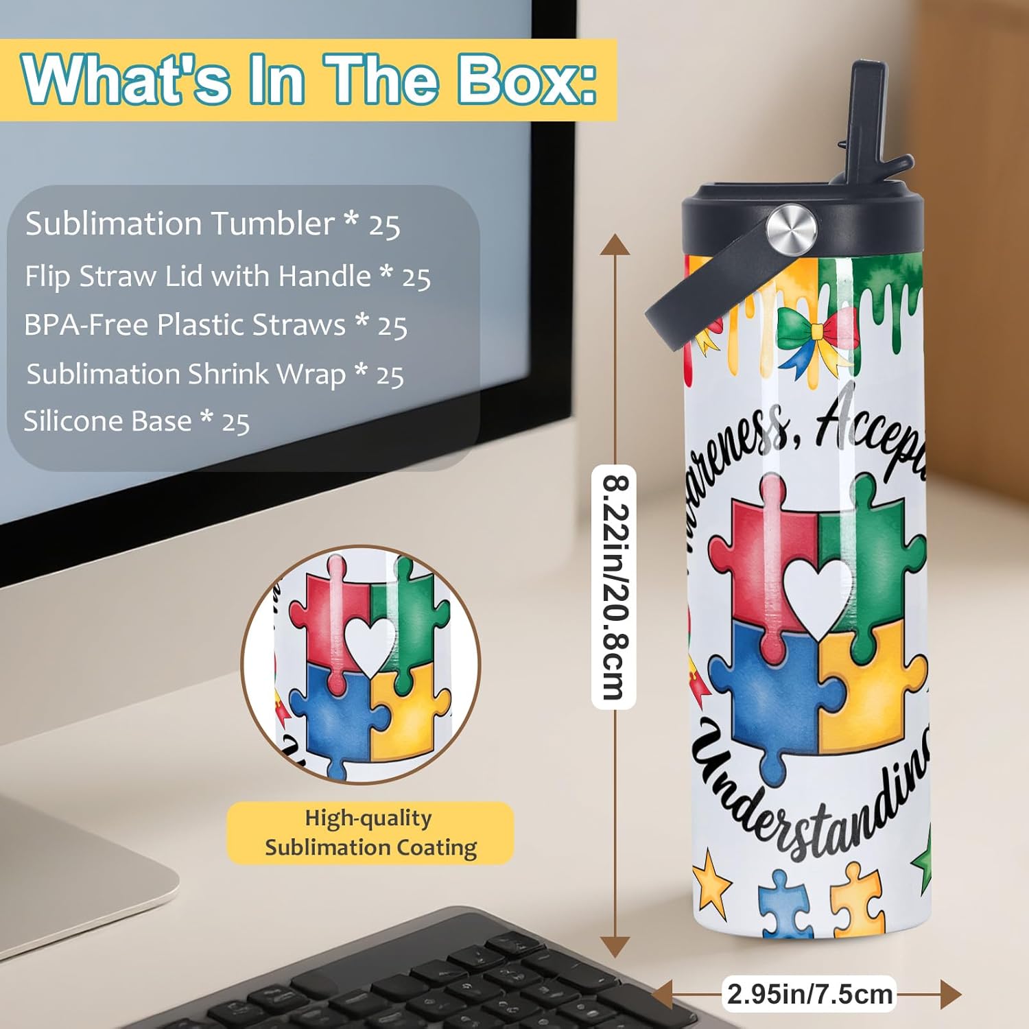 20 Oz Sublimation Tumblers Bulk Skinny Straight, 25 Pack Sublimation Sport Water Bottles Blanks with Portable Handle, Double Wall Stainless Steel Tumbler Cup for Heat Transfer, Individual Box - Image 2