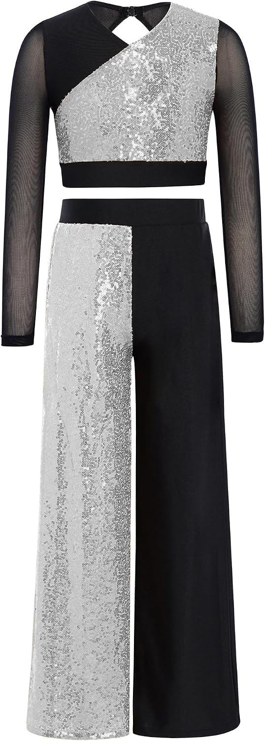Hansber Sequins Dance Outfit for Girls Color Block Hip Hop Dancewear Long Sleeve V Neck Gymnastic Shirts with Pants