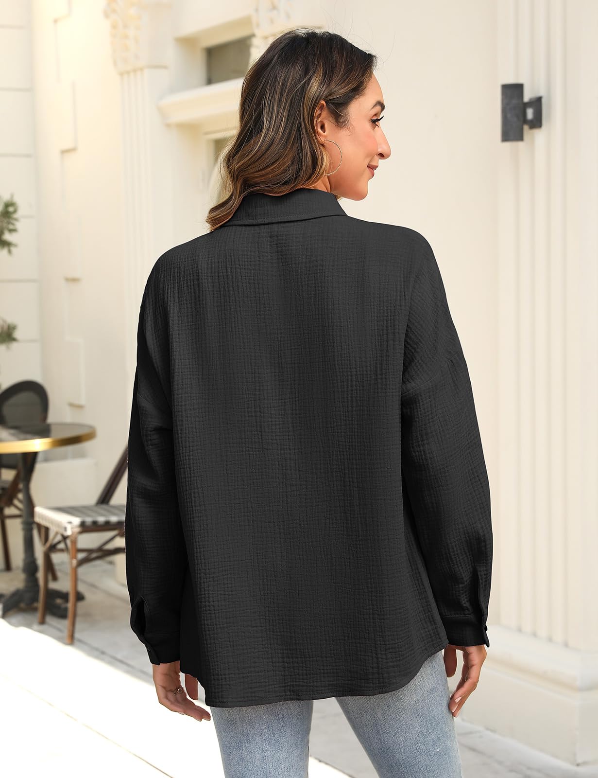 Xnova Chemisier Oversize Femme à Manches Longues, Décontractée Coton Blouse Top avec Poche, T-Shirt Col en V Chic et Élégant Chemise Ample à Boutons
