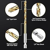 Vista 2 de Juego de brocas de vástago hexagonal, 13 brocas helicoidales de titanio HSS para chapa, madera, plástico, diseño de cambio rápido (1/16" - 1/4")