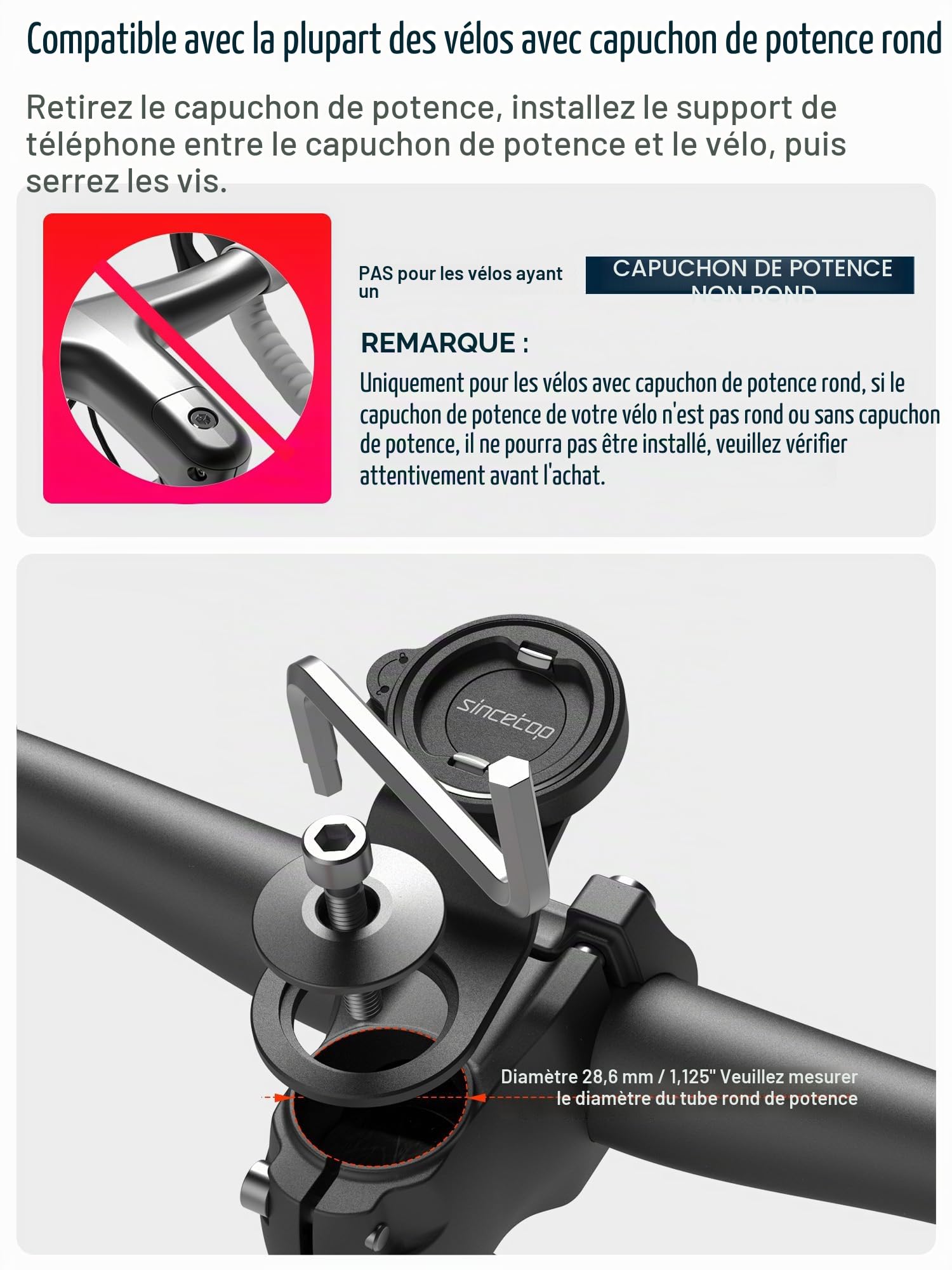 sincetop Support Telephone Velo, Porte Smartphone Vélo pour Guidon et Potence de vélo de Montagne, Fixation/Détachement Rapide pour VTT/Vélo de Route【Sér. C-1re gén.】