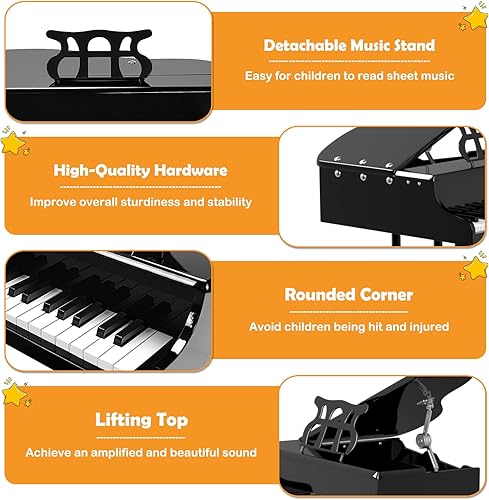 Miniatura 3 de HONEY JOY Piano clásico para niños, mini piano de cola de 30 teclas con soporte de música y banco, juguete de instrumento musical de madera con tapa