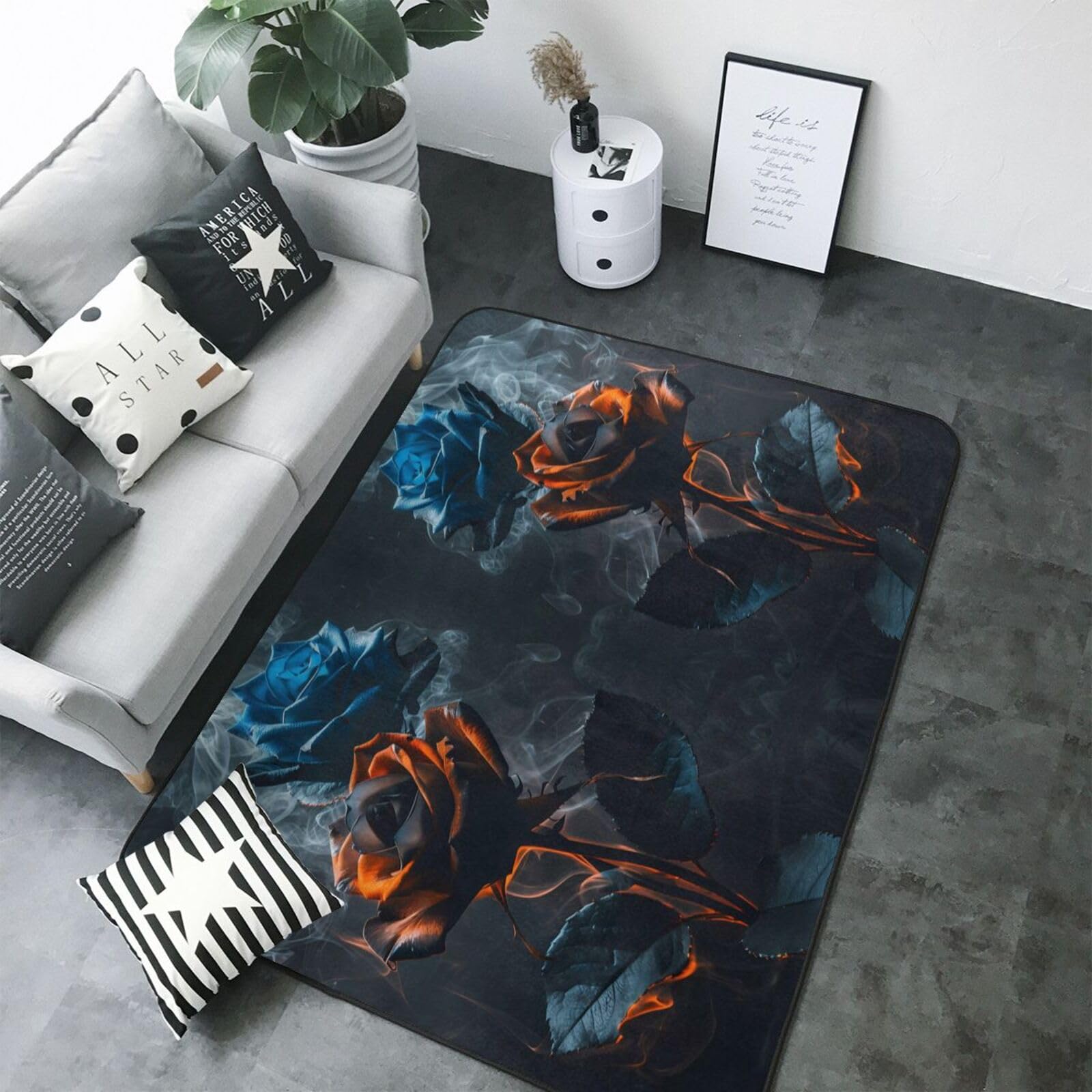 Tapis d'intérieur lavable haut de gamme aux motifs de roses bleues et rouges pour chambre