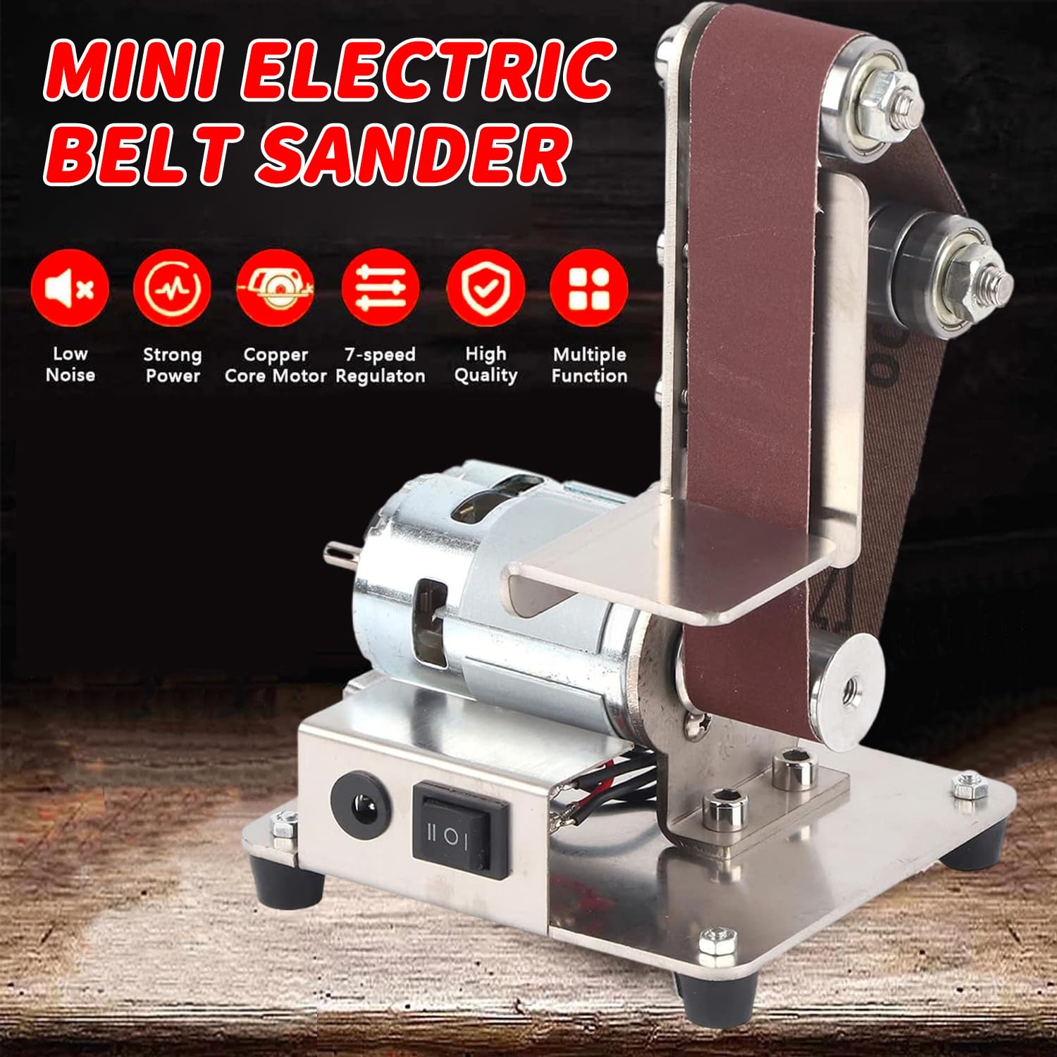 Bandschleifmaschine,Mini Elektrobandschleifer, Elektrischer Bandschleifer - 7 Gang, mit Eingebautem Doppellager und 10 Schleifbändern,Bandtellerschleifer für Metall Holz Kunststoff Aluminium