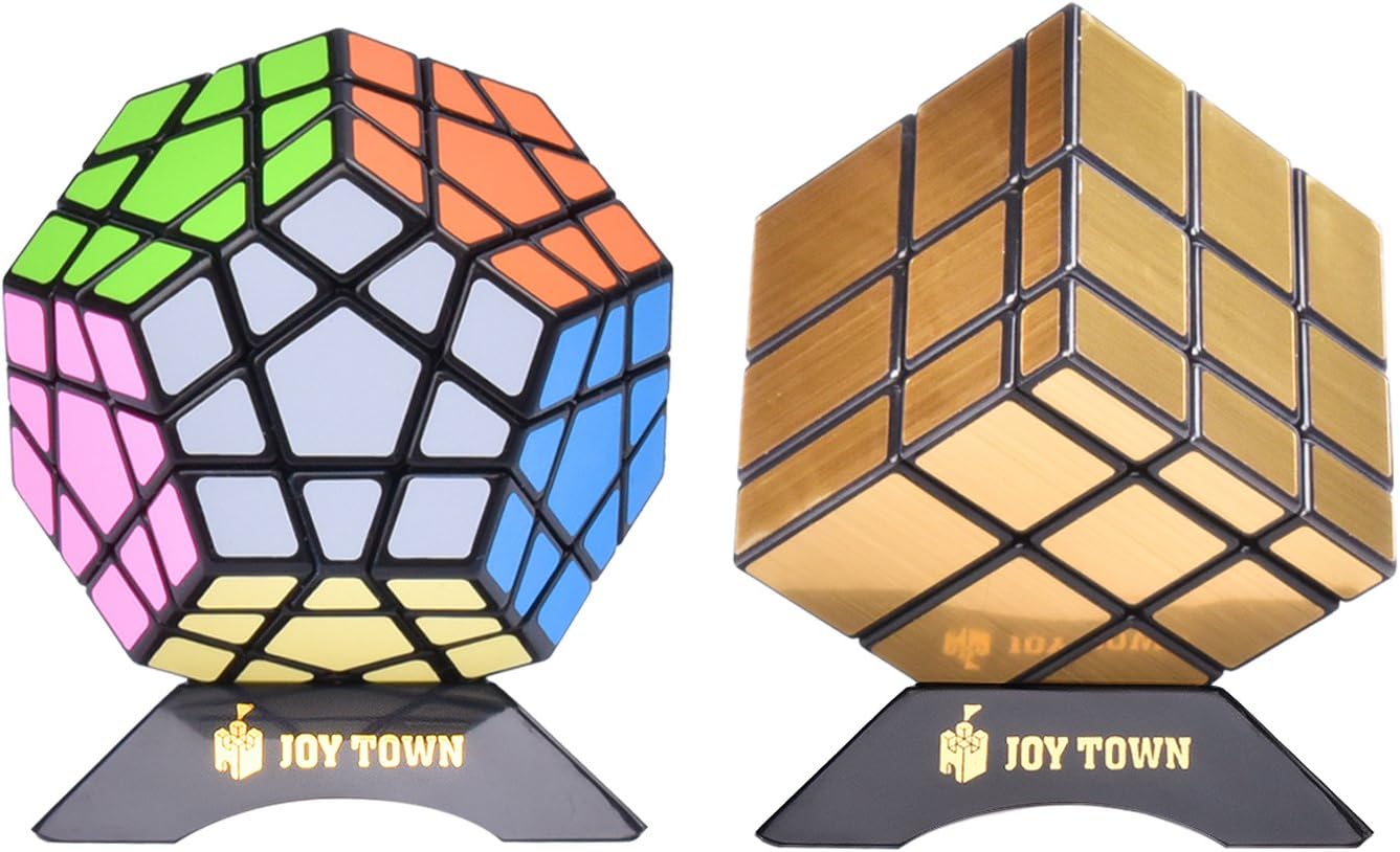 JOY TOWN Bundle Pack Speed Cube Set of 2 Megaminx Speedcubing, Gold Mirror Cube Twisty Puzzle, with Bonus Stands and Screwdriver Black