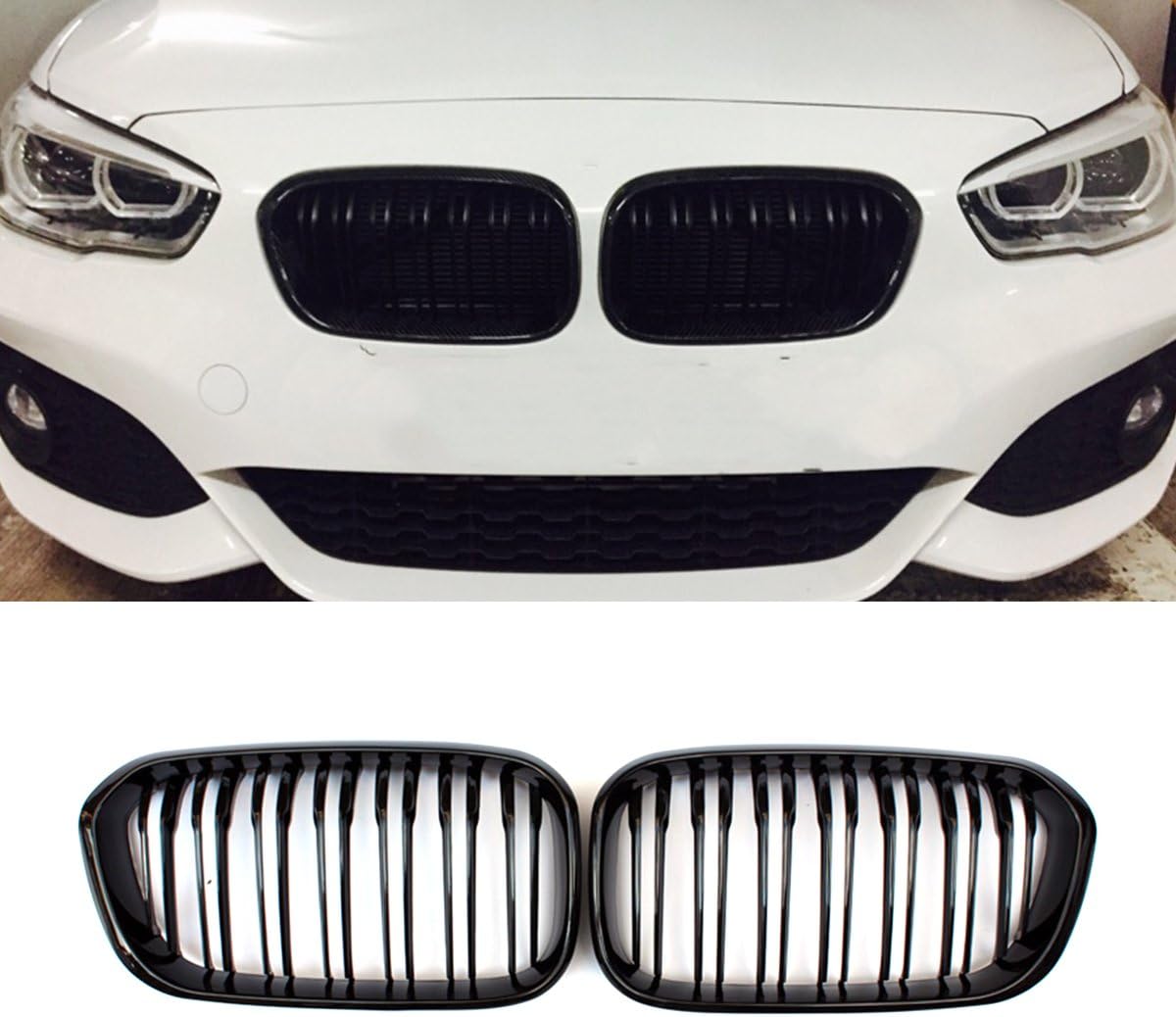 F20 Grille, ABS Front Replacement Kidney Grill for 1 Series F20 2015-in Gloss Black