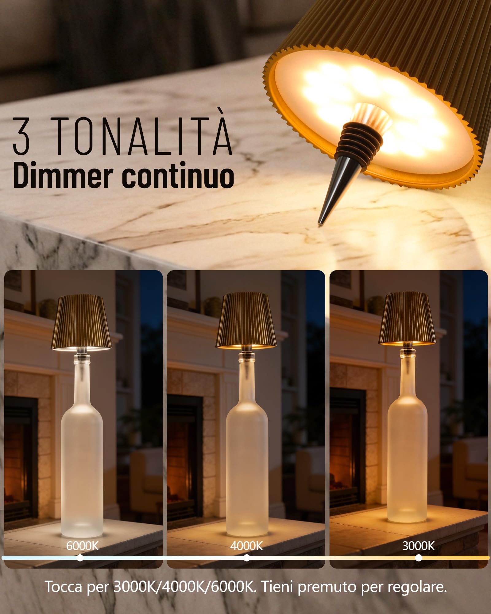 Beaeet Lampada per Bottiglia LED Oro Senza Fili, Touch Dimmerabile 3 Colori, Ricaricabile USB-C, Decorativa per Casa Terrazzo Campeggio Feste Regalo