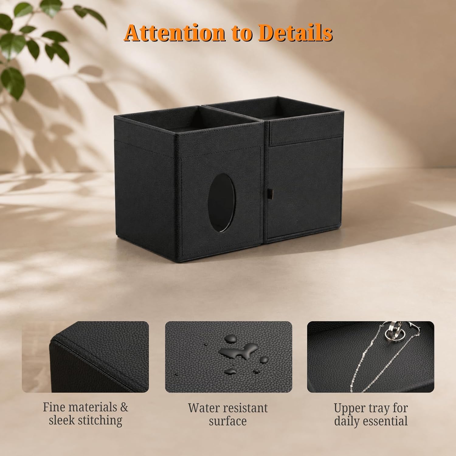 LAMOTI Leather Tissue Box Cover with Storage Tray, Square Facial Tissue Box Holder for Bathroom, Office Table, Countertop, Night Stand & More (Black)