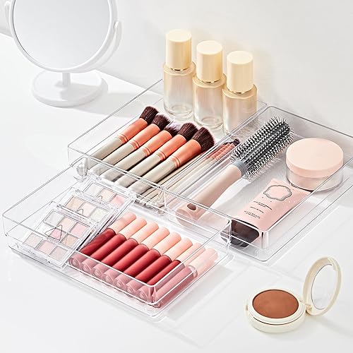 Miniatura 3 de SMARTAKE Juego de 6 organizadores de cajones de plástico transparente, organizador de cajones de escritorio antideslizante de gran tamaño, bandejas