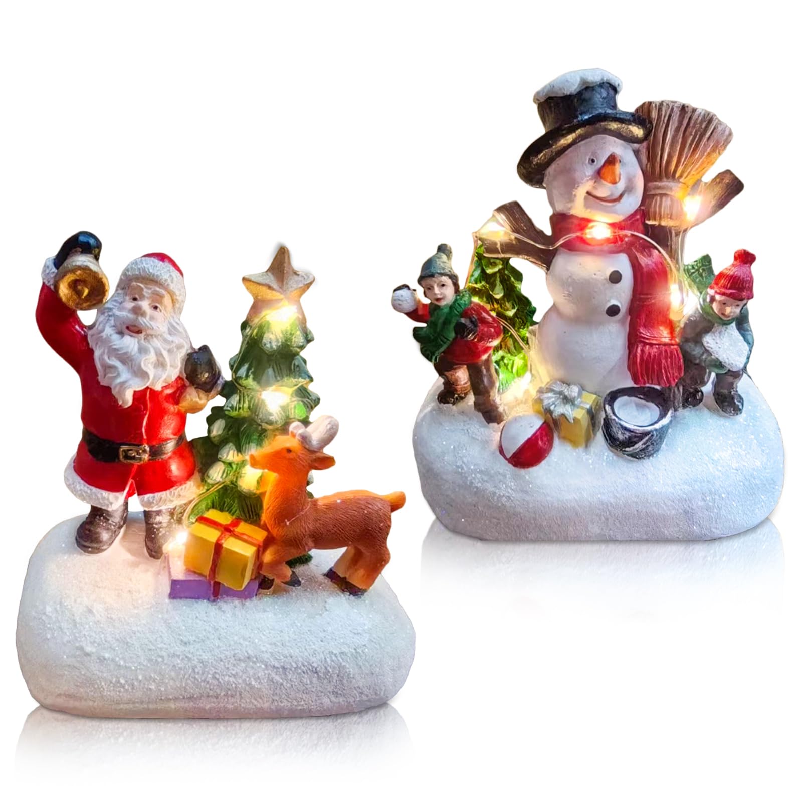 Christmas Decoration Christmas Village with Lighted Accessories 2 Pack Resin Christmas Mini Ornaments Miniature Garden Figurine Set Santa Claus Snowman Mini