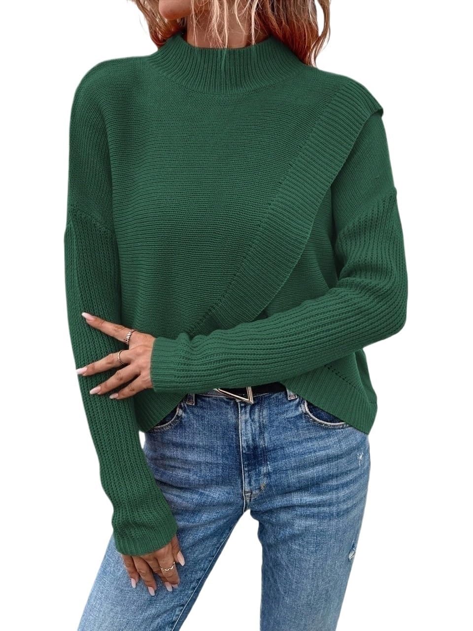 Womens Sweaters 2025 Knit Stand Collar Drop Shoulder Long Sleeve Casual Pullover Sweater