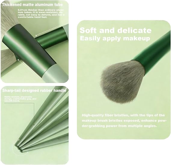 13 Piece Vegan Synthetic Makeup Brush Set No-Shed with Green Travel Case